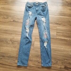Forever 21 Women's Blue Distressed Jeans with Floral Embroidery Size 28